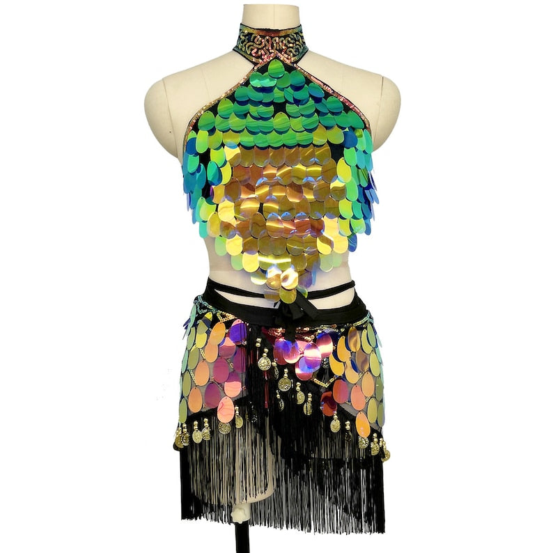 Women's Iridescent Sequin Halter Crop Top & Fringe Skirt Set - Belly Dance Costume