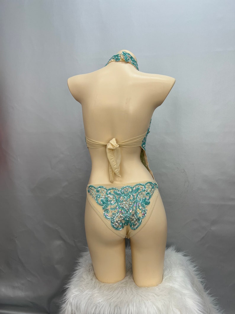 Dance Leotard Women's Teal Crystal Embellished Mesh Halter Neck Bodysuit, Latin Ballroom Performance Dancewear