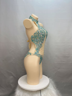 Dance Leotard Women's Teal Crystal Embellished Mesh Halter Neck Bodysuit, Latin Ballroom Performance Dancewear