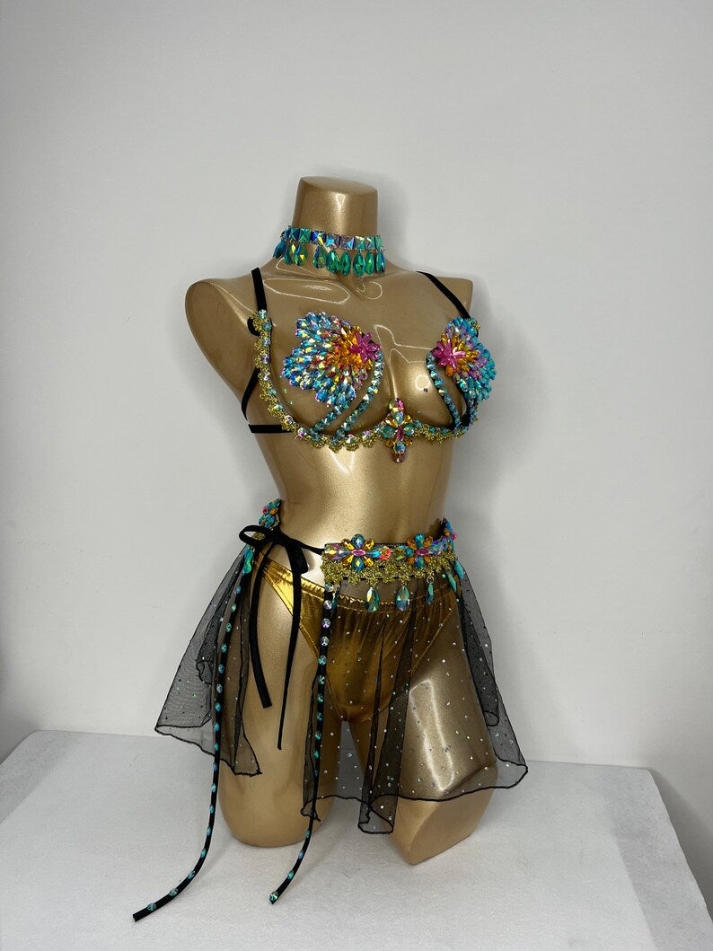 Belly Dance Costume, Women's Multi-Color Embellished Bra & Skirt Set, Gold Bottoms, Black Mesh Skirt, Sequin & Rhinestone Detail