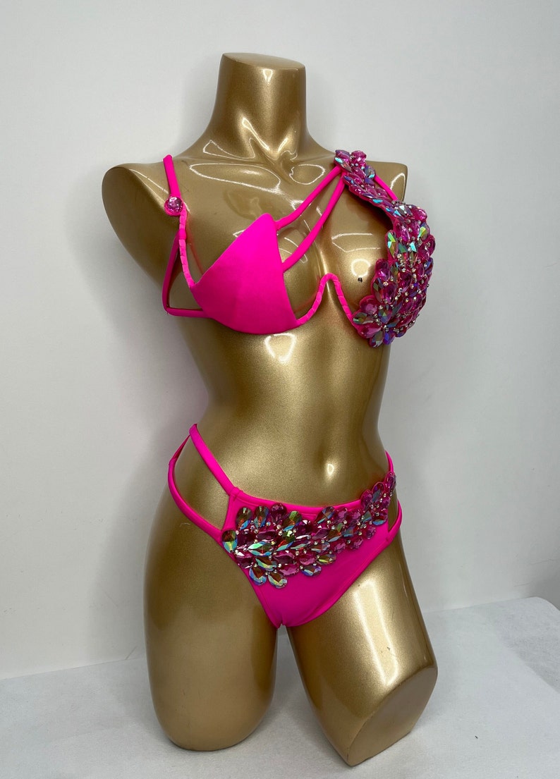 Women's Hot Pink Rhinestone Embellished Cut-Out Bikini Set for Latin Dance