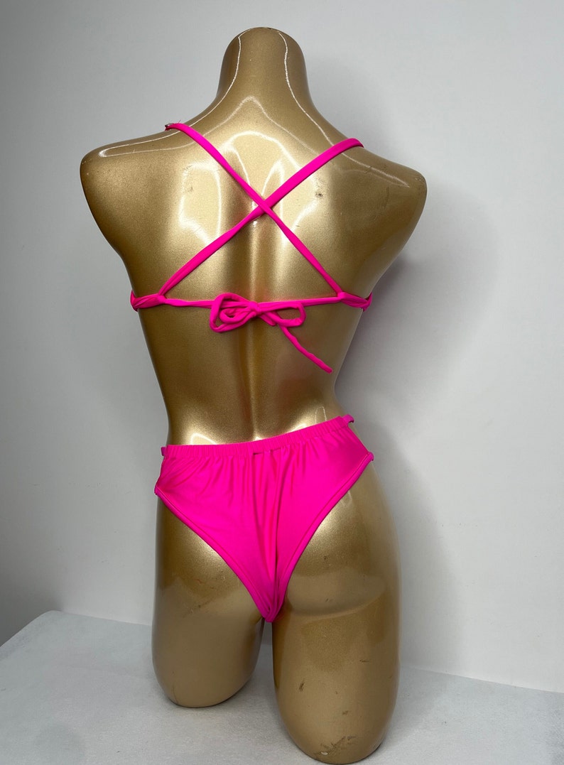 Women's Hot Pink Rhinestone Embellished Cut-Out Bikini Set for Latin Dance