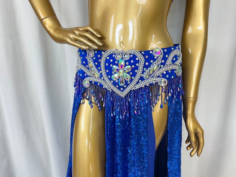 Belly Dance Costume Womens Red Sequin Embellished Halter Bra and Slit Skirt Set with Tassels, Chiffon and Sequin Fabric