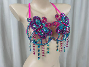 Rhinestone Butterfly Embellished Orange Sequin Dance Bra Top