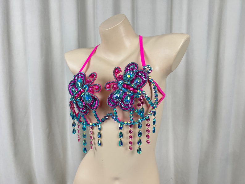 Rhinestone Butterfly Embellished Orange Sequin Dance Bra Top