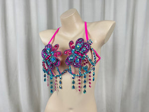 Rhinestone Butterfly Embellished Orange Sequin Dance Bra Top