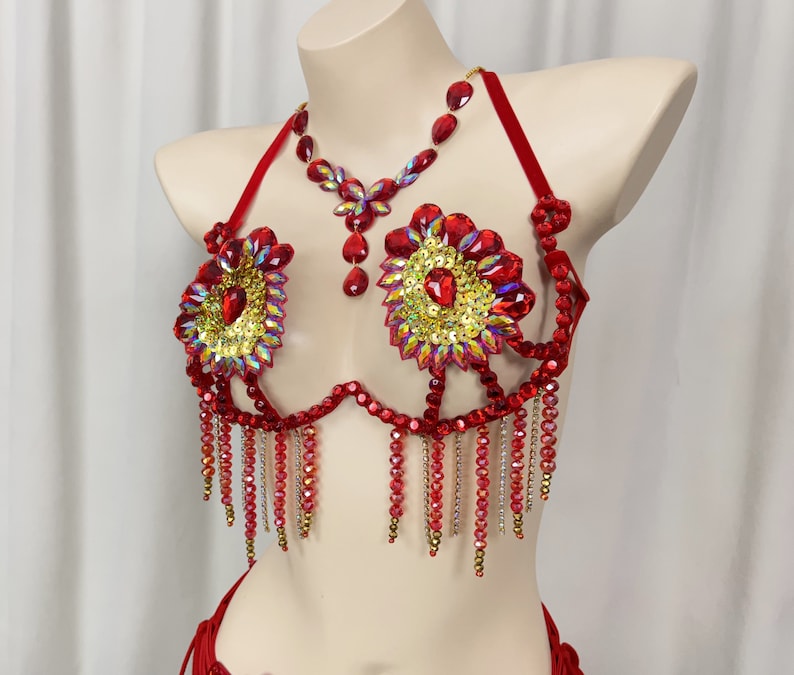Belly Dance Bra Top, Women's Orange & Blue Sequin & Rhinestone Beaded Halter Top, Tribal Fusion Dancewear