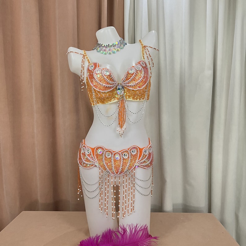 Belly Dance Costume Women Blue Green Sequin Beaded Bra and Hip Scarf Set with Draped Chains and Rhinestone Accents