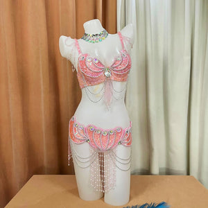 Belly Dance Costume Women's Pink Sequin & Bead Embellished Bra and Belt Set with Draping Chains & Choker