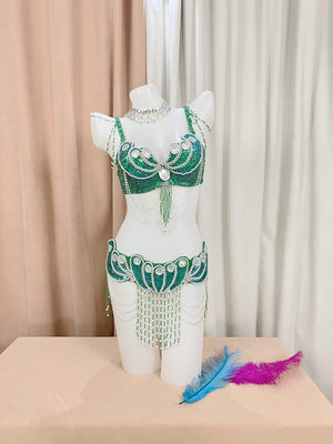 Belly Dance Costume Women's Pink Sequin & Bead Embellished Bra and Belt Set with Draping Chains & Choker