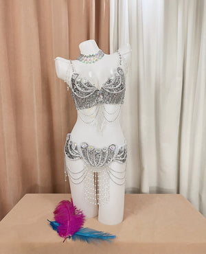 Belly Dance Costume, Women's Silver Sequin & Bead Embellished Bra and Belt Set with Draping Chains, Adult Tribal Fusion Dancewear