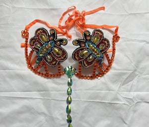 Rhinestone Butterfly Embellished Orange Sequin Dance Bra Top