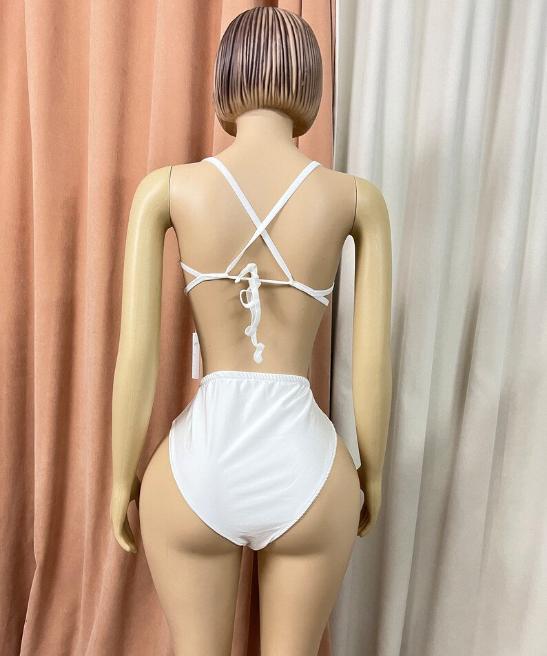 Women's White Iridescent Crystal Embellished Two-Piece Lyrical Dance Costume - Bra Top and High-Waist Briefs