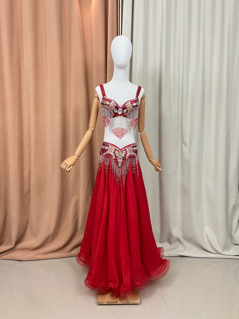 Belly Dance Costume Women Yellow Sequin Beaded Fringe Bra & Chiffon Skirt Set