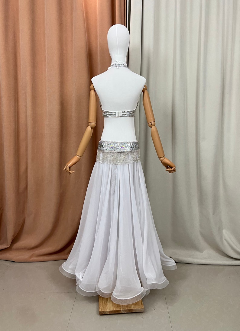 Women's White Sequin & Rhinestone Halter Neck Belly Dance Dress with Chiffon Skirt