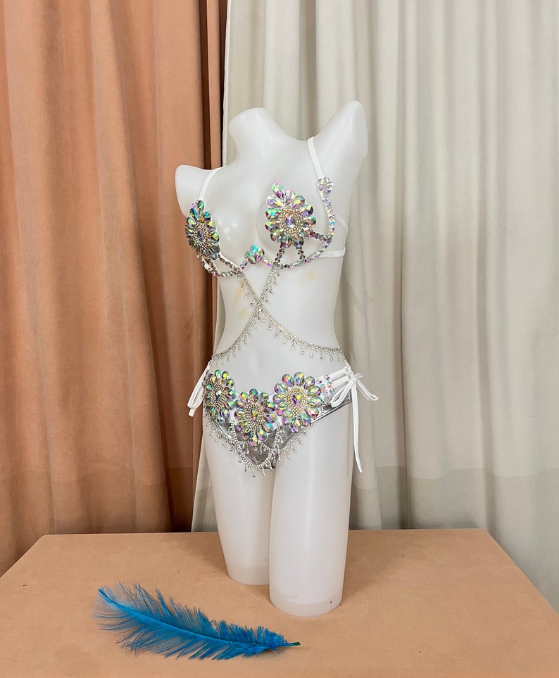 Rhinestone Crystal Embellished Women's White Bikini Top & Bottom Set with Draped Chains, Belly Dance Costume
