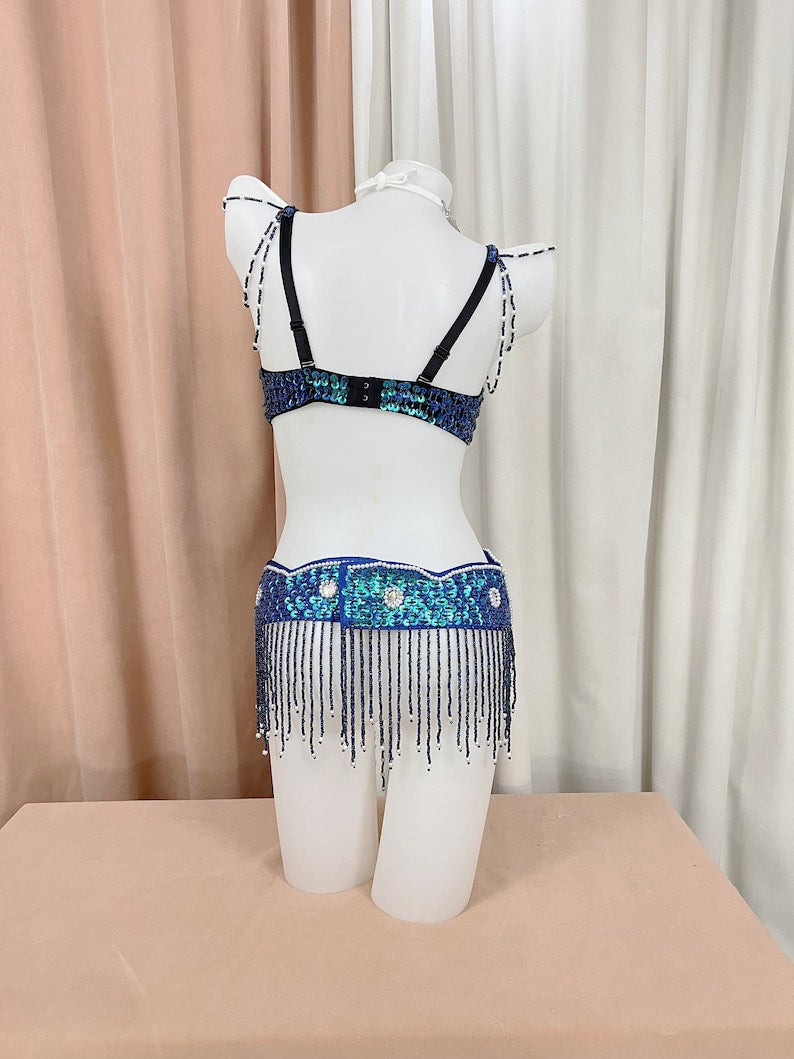 Belly Dance Costume Women Blue Green Sequin Beaded Bra and Hip Scarf Set with Draped Chains and Rhinestone Accents