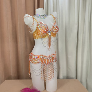 Belly Dance Costume Women Blue Green Sequin Beaded Bra and Hip Scarf Set with Draped Chains and Rhinestone Accents