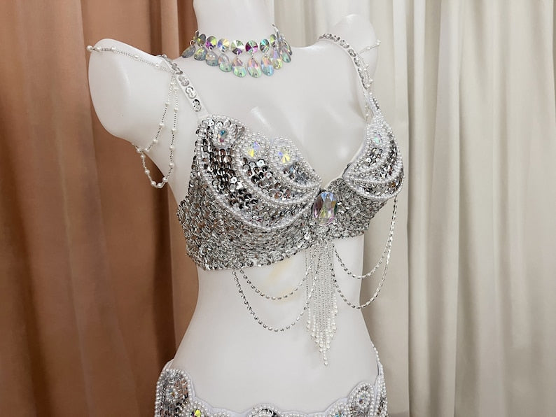 Belly Dance Costume, Women's Silver Sequin & Bead Embellished Bra and Belt Set with Draping Chains, Adult Tribal Fusion Dancewear