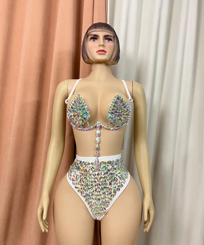 Women's White Iridescent Crystal Embellished Two-Piece Lyrical Dance Costume - Bra Top and High-Waist Briefs