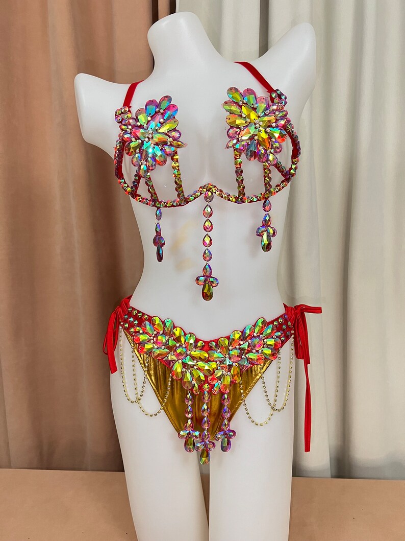 Women's Gold & Red Rhinestone Embellished Halter Bikini Set with Dangles, Belly Dance/Carnival Costume