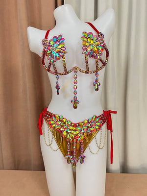 Women's Gold & Red Rhinestone Embellished Halter Bikini Set with Dangles, Belly Dance/Carnival Costume