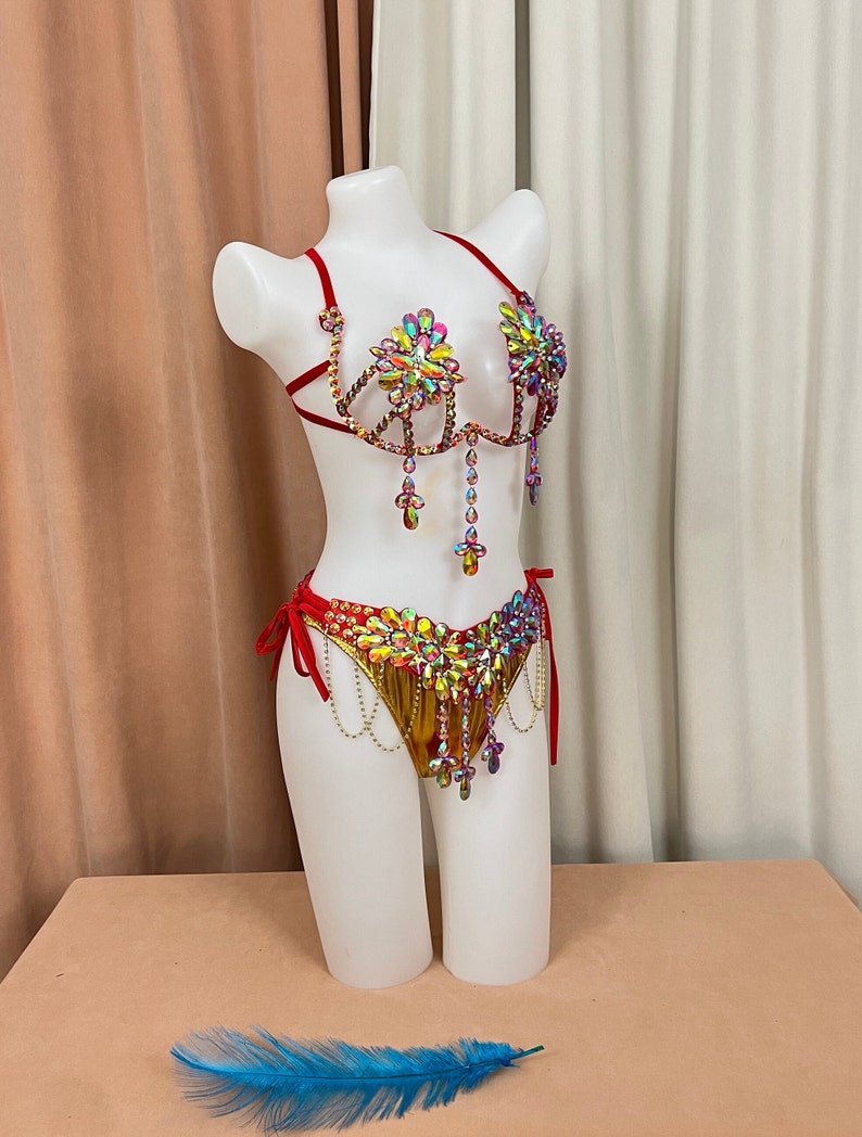 Women's Gold & Red Rhinestone Embellished Halter Bikini Set with Dangles, Belly Dance/Carnival Costume