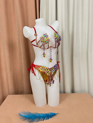 Women's Gold & Red Rhinestone Embellished Halter Bikini Set with Dangles, Belly Dance/Carnival Costume