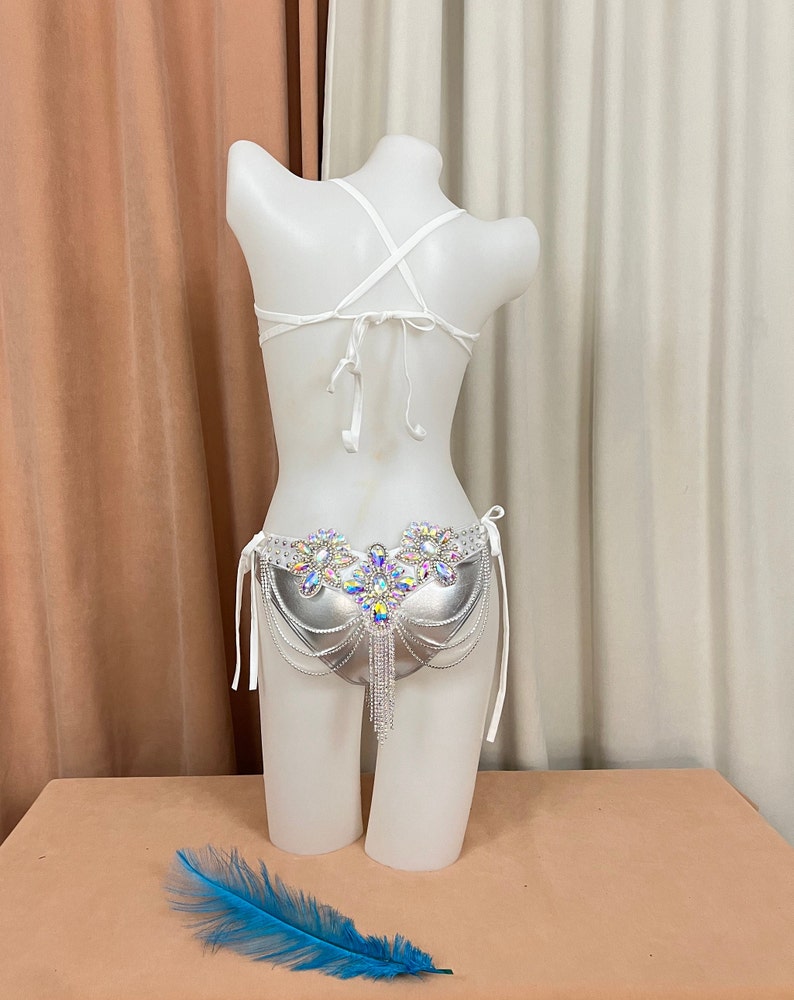 Women's White Iridescent Rhinestone Crystal Chain Fringe Belly Dance Bra and Skirt Set