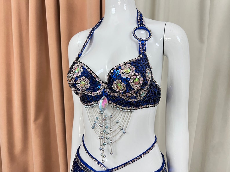 Belly Dance Costume Womens Black Sequin Beaded Halter Bra & Skirt Set with Rhinestones & Chains - Belly Dance