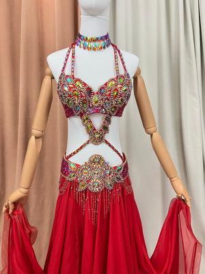 Belly Dance Costume Women Red Embellished Chiffon Halter Bra and Skirt Set