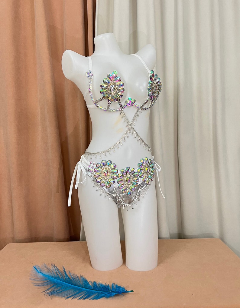 Rhinestone Crystal Embellished Women's White Bikini Top & Bottom Set with Draped Chains, Belly Dance Costume