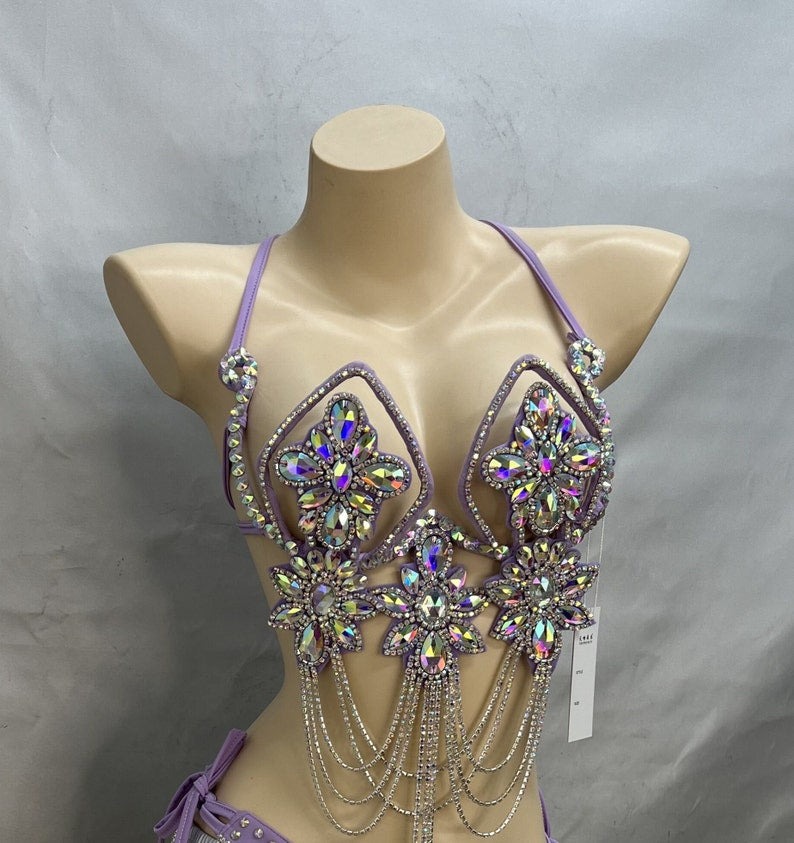 Belly Dance Costume, Women's Lavender Sequin & Rhinestone Halter Bra and Hip Scarf Set, Tribal Fusion Dancewear