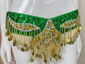 Belly Dance Costume Women's Emerald Green & Gold Sequin Coin Fringe Bra & Belt Set for Performance