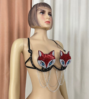 Sequin Fox Pasties Bra with Chains, Women's Red Beaded Festival Dance Top