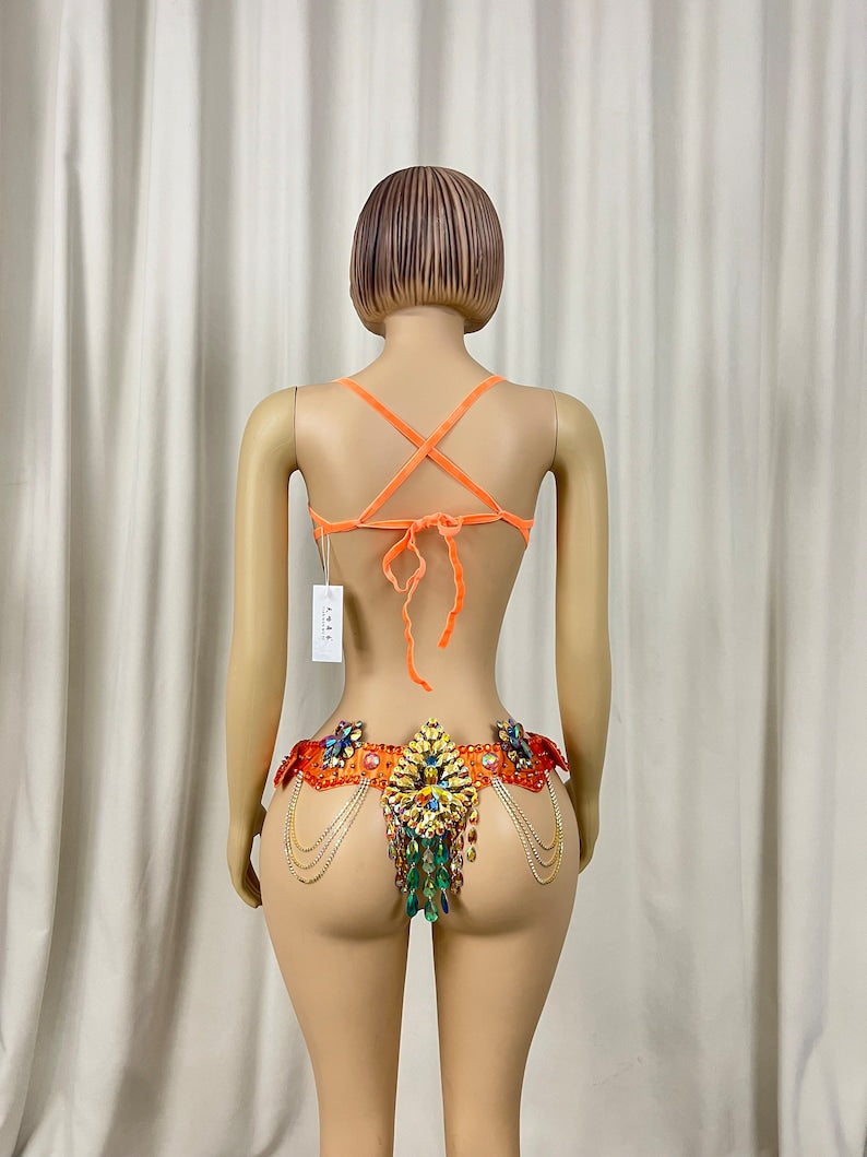 Carnival Samba Belly Dance Bra Belt Set, Women's Orange Gold Rhinestone Sequin Beaded Fringe Latin Dance Costume