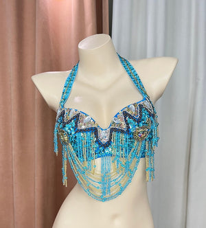 Belly Dance Bra Top, Women's Orange Beaded Halter Neck Sequin Fringe Costume Bra Top, Belly Dance