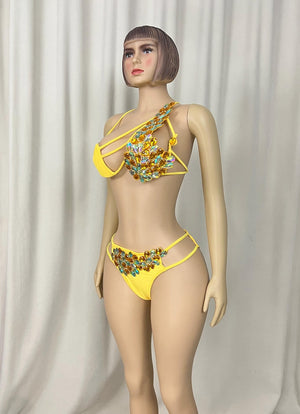 Women's Hot Pink Rhinestone Embellished Cut-Out Bikini Set for Latin Dance