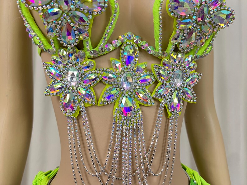 Dancewear Women's Neon Green & Silver Sequin Rhinestone Chain Fringe Bra & High-Cut Bottom Set for Carnival/Stage Performance