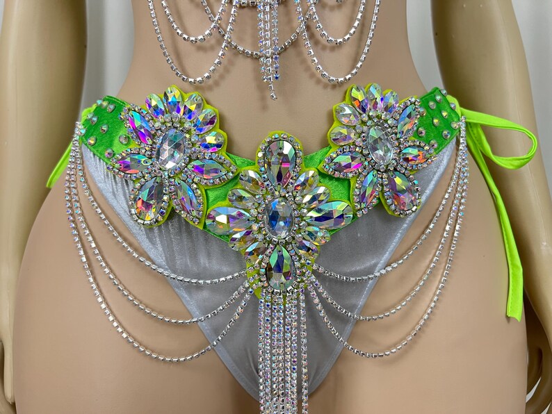 Dancewear Women's Neon Green & Silver Sequin Rhinestone Chain Fringe Bra & High-Cut Bottom Set for Carnival/Stage Performance