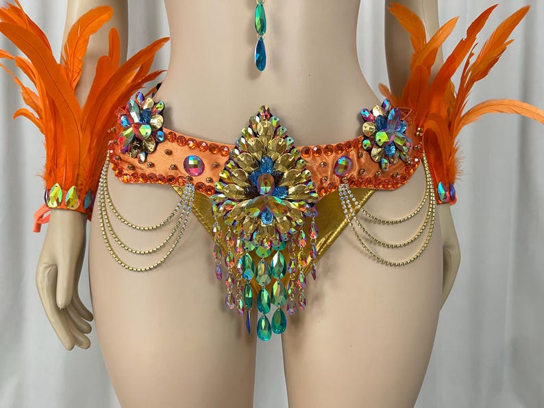 Carnival Dance Costume, Women's Orange Feathered Sequin Rhinestone Samba Mardi Gras Performance Outfit