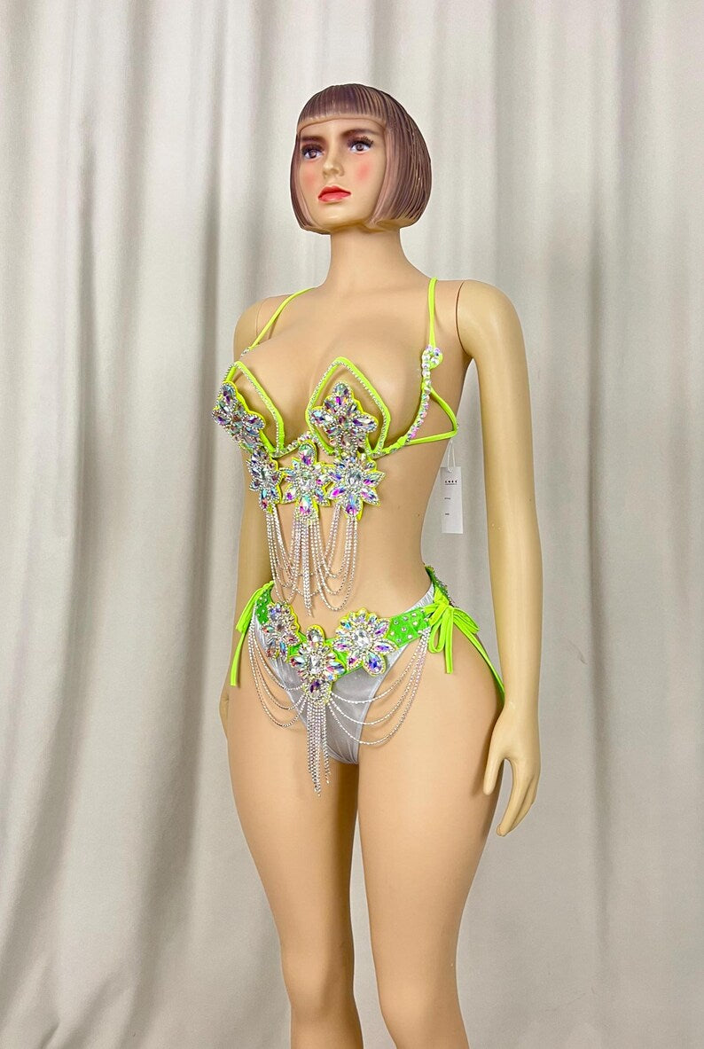 Dancewear Women's Neon Green & Silver Sequin Rhinestone Chain Fringe Bra & High-Cut Bottom Set for Carnival/Stage Performance