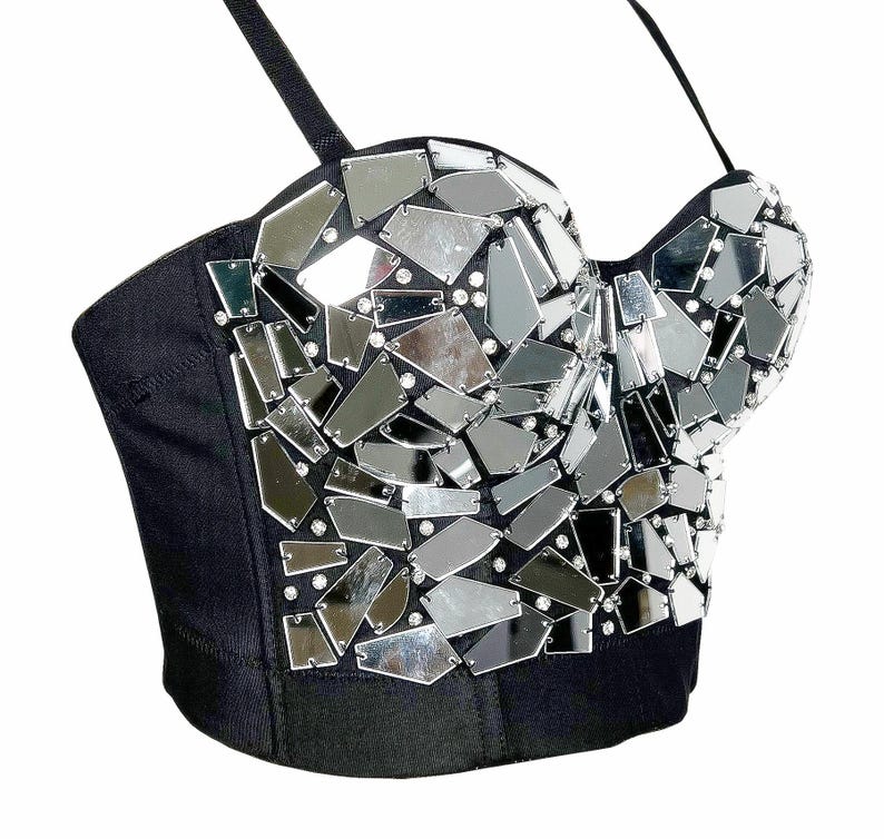 Women's Black & Silver Mirrored Sequin Rhinestone Sweetheart Neck Crop Top for Dance Performances