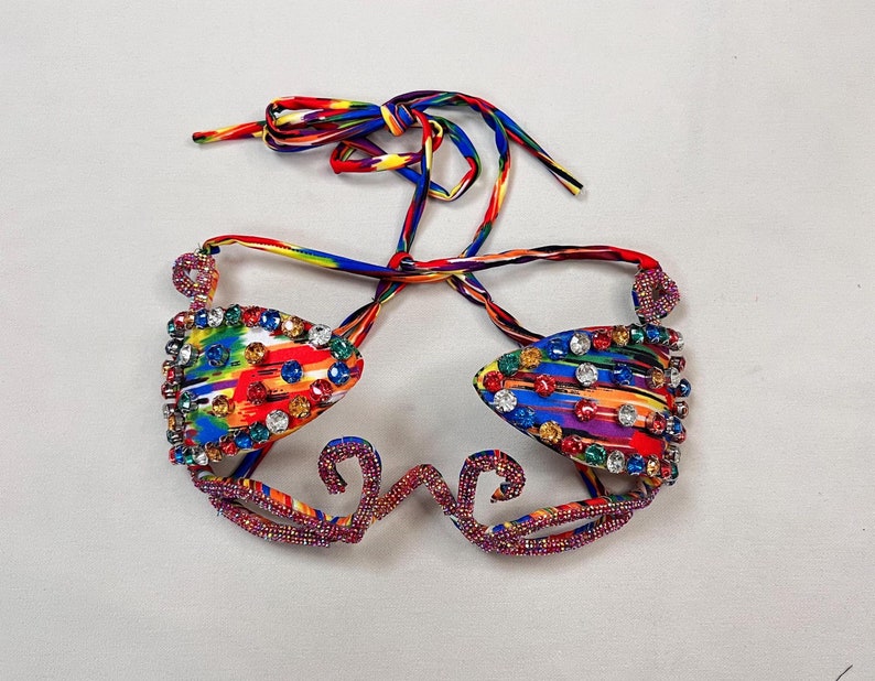 Bikini Top Women's Multi-color Rhinestone Embellished Abstract Print Tie-Dye Straps Dance