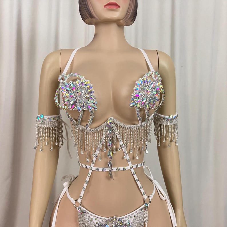 Women's White Sequin Fringe Rhinestone Halter Bodysuit with Leg Garters - Carnival Dancewear
