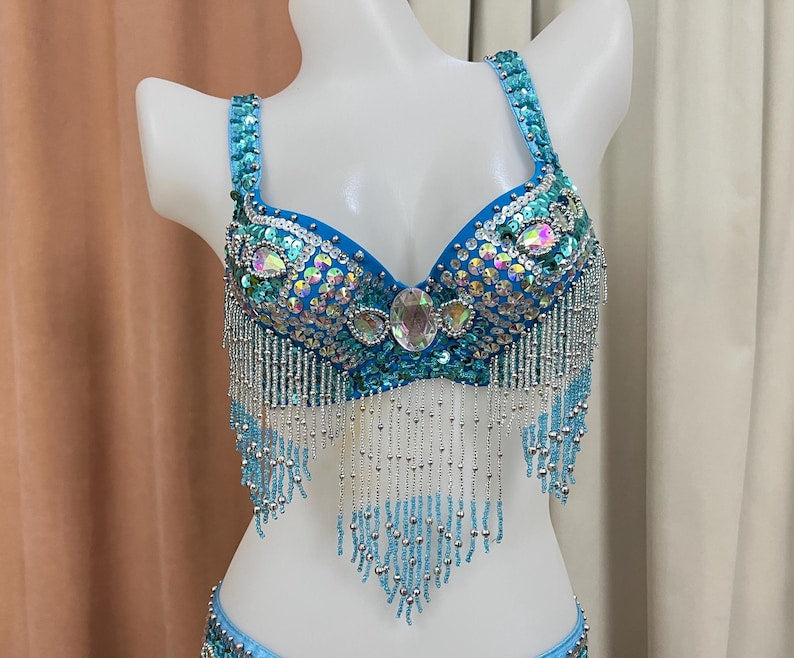 Belly Dance Bra Top, Women's Red Sequin & Beaded Fringe Dance Costume Top, Oriental Dance Performance Wear