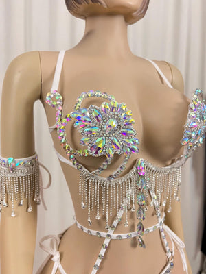 Women's White Sequin Fringe Rhinestone Halter Bodysuit with Leg Garters - Carnival Dancewear