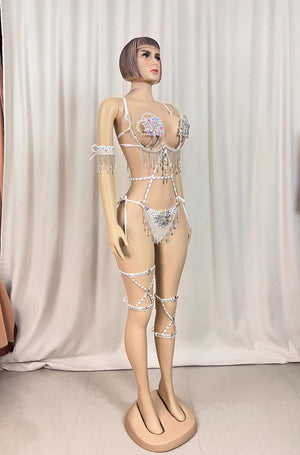 Women's White Sequin Fringe Rhinestone Halter Bodysuit with Leg Garters - Carnival Dancewear