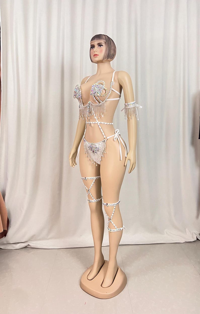 Women's White Sequin Fringe Rhinestone Halter Bodysuit with Leg Garters - Carnival Dancewear