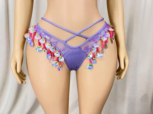 Sequin Shell Fringe Halter Top and Strappy Bottoms Set, Women's Purple Shimmer Sequin Shell Fringe Halter Top and Strappy Bottoms Set, Latin Dance